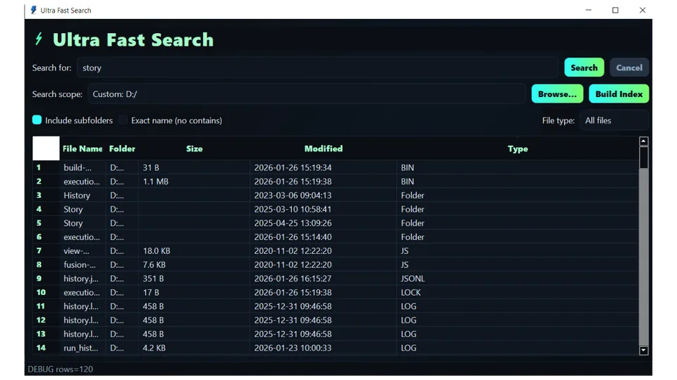Ultra Fast Search Windows desktop application interface