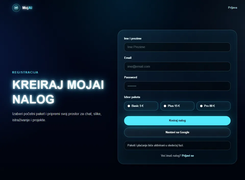 MojAI registration screen